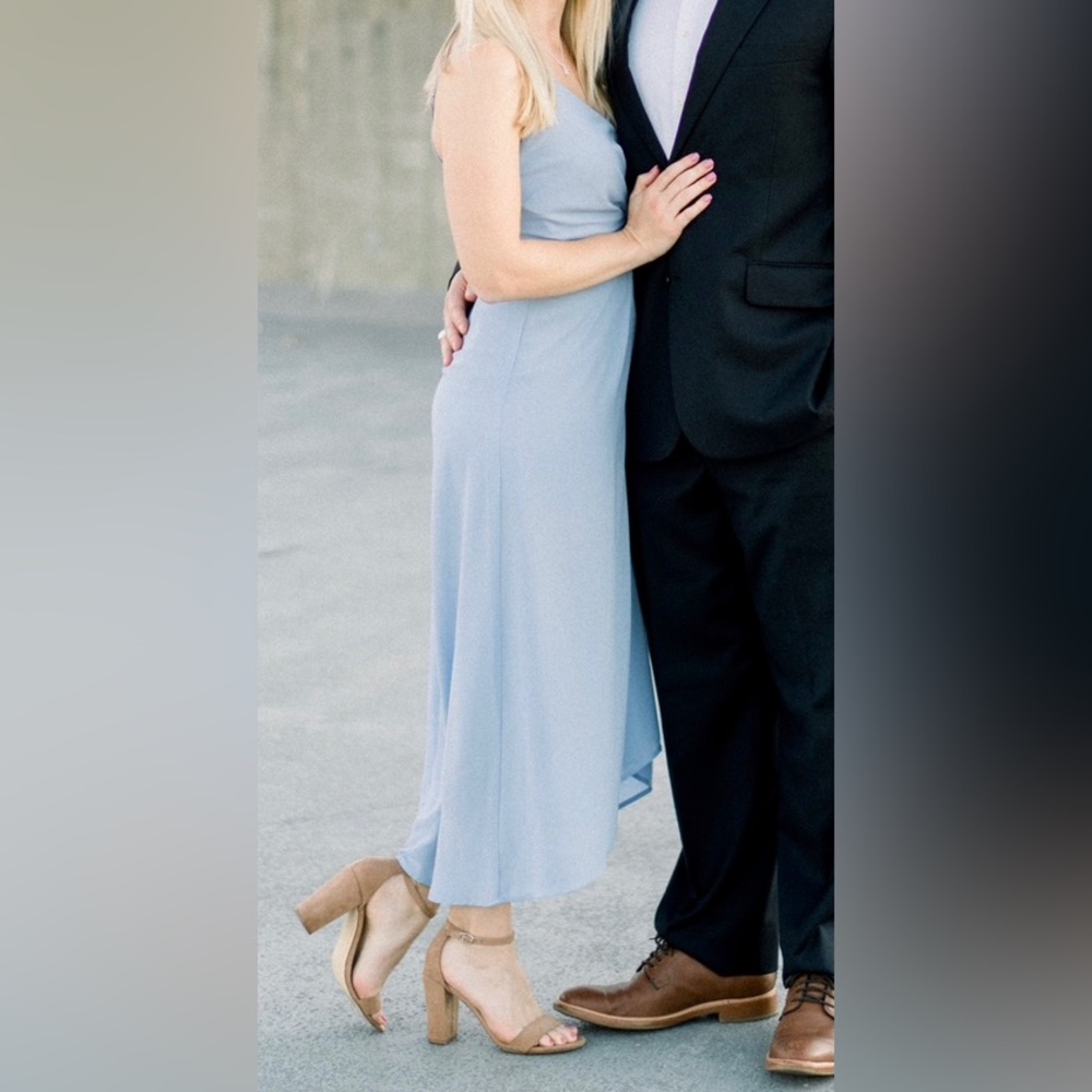 Blue midi wedding guest bridesmaid dress high low